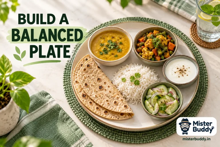 An overhead Indian lunch plate with dal, vegetables, rice, rotis and yogurt.
