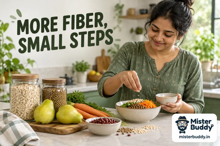 A kitchen counter with oats, lentils, pears, carrots and a small bowl of beans.