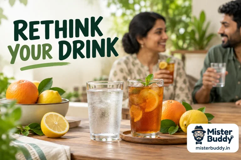 A chilled glass of plain water and unsweetened iced tea next to whole citrus fruit.