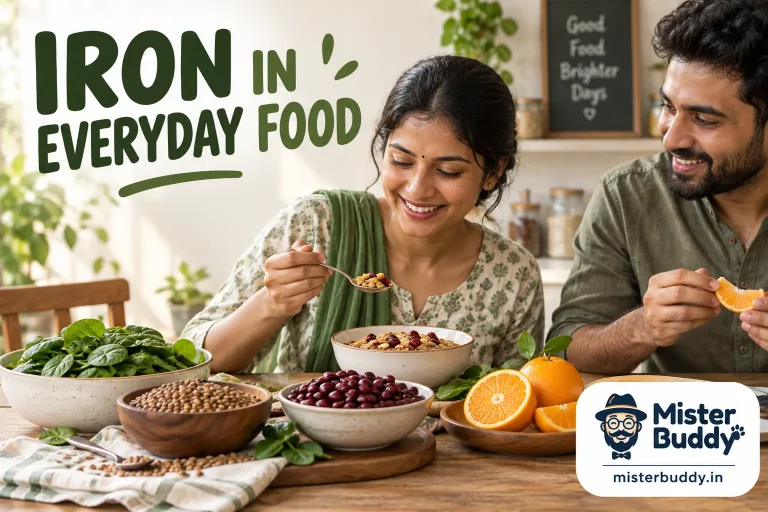 Lentils, kidney beans, leafy greens, citrus and a bowl of fortified cereal arranged naturally.