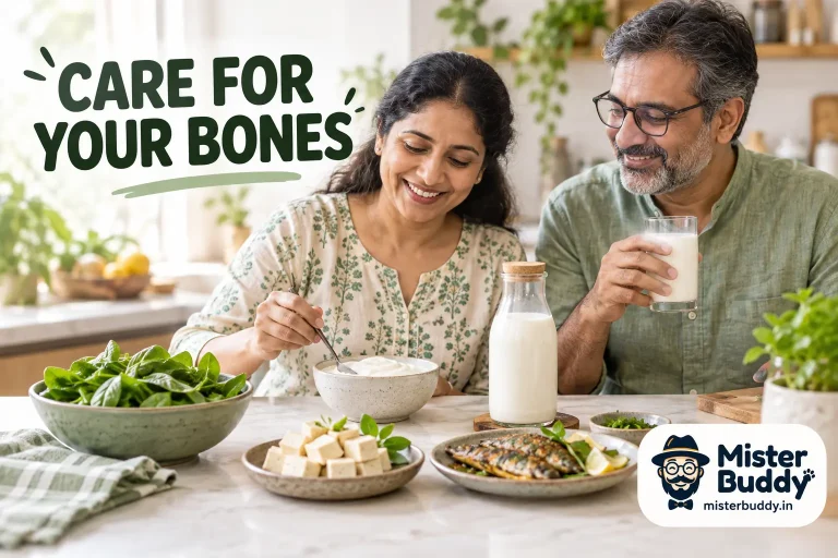 Plain yogurt, milk, tofu, leafy greens and a small cooked fish dish on a bright kitchen table.