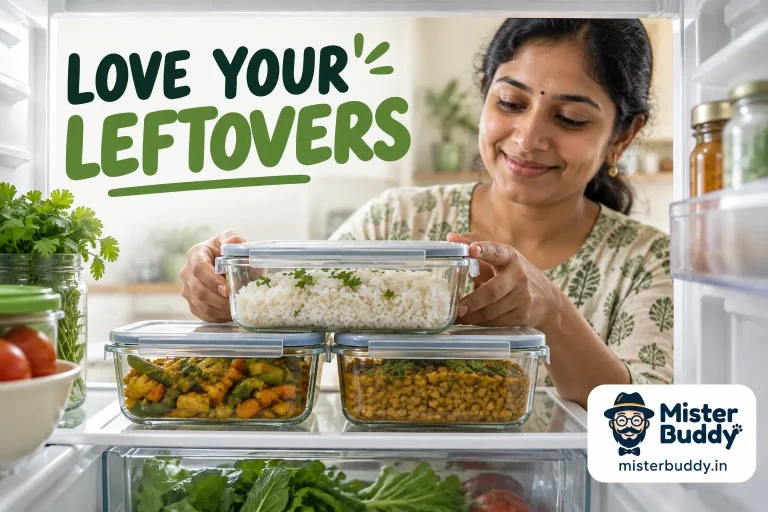 Glass food containers with cooked rice, vegetables and lentils on a clean refrigerator shelf.