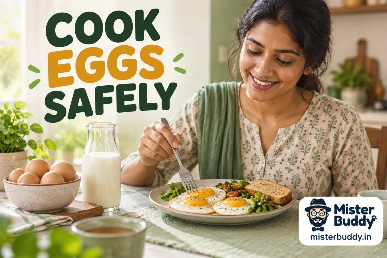 A plate of properly cooked eggs and a glass of milk on a clean breakfast table, uncracked eggs nearby.