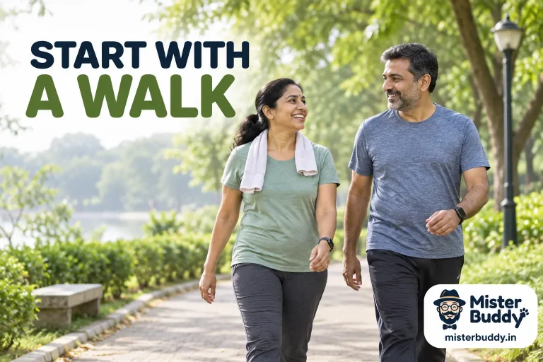 An adult Indian woman and man in comfortable modest workout clothes walking on a leafy park path.
