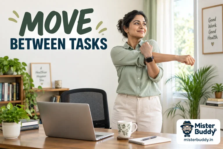 An adult office worker standing beside a desk and taking a gentle movement break in a bright home office.