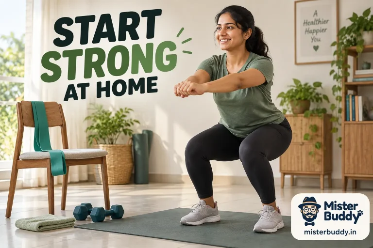 A small tidy home workout space with a sturdy chair, resistance band, light dumbbells and exercise mat.