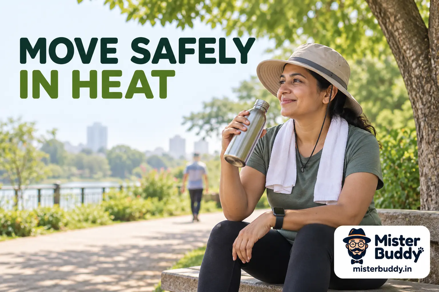 A person taking a shaded water break after a gentle outdoor walk, hat and water bottle in view.