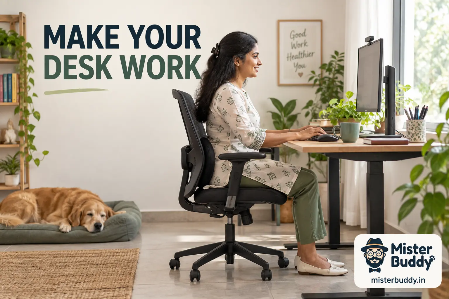 A side view of a thoughtfully arranged desk with monitor at comfortable eye level, supported chair and feet on floor.