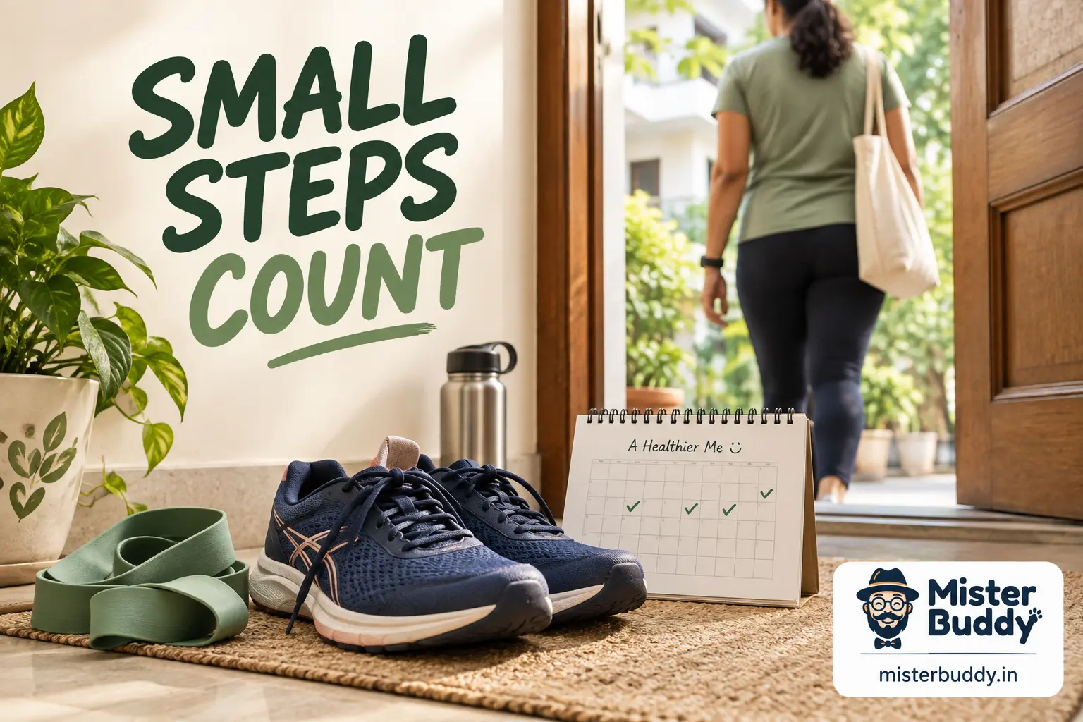 A pair of walking shoes beside a simple paper calendar and a resistance band near a home doorway.