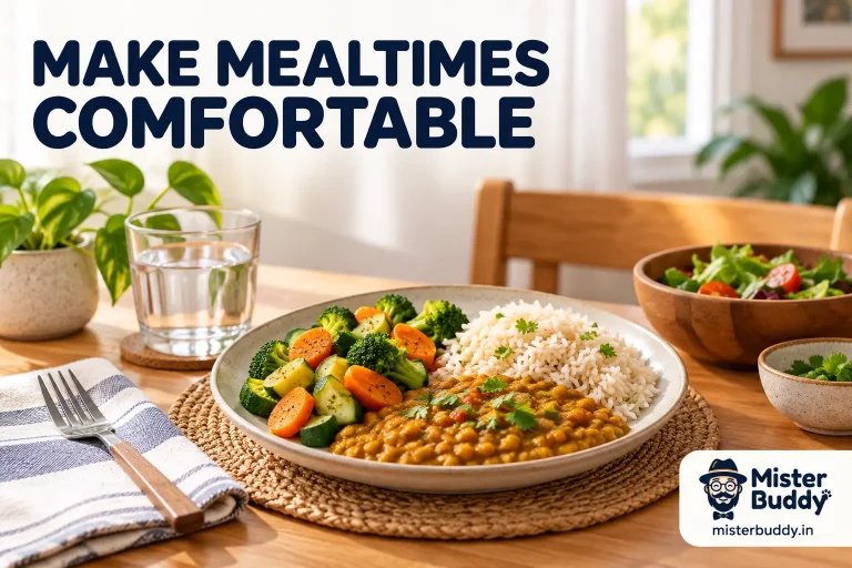 A modest balanced dinner serving on a table in a calm bright dining room.
