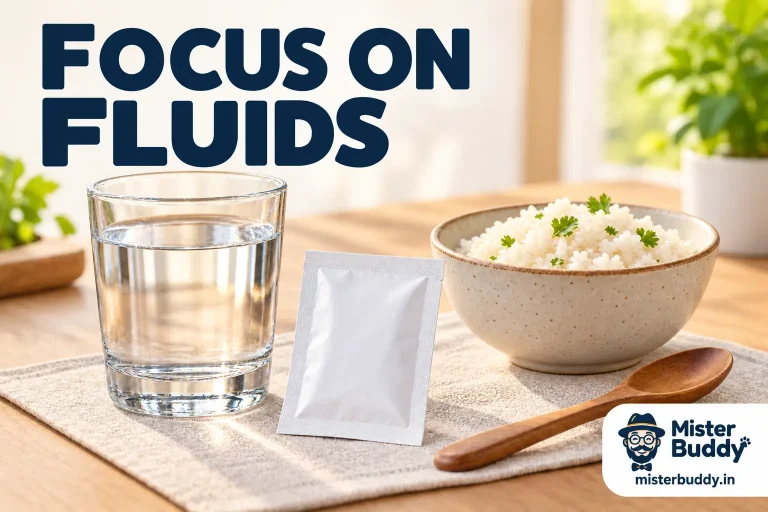 A clean glass of drinking water, a plain oral rehydration sachet with no fabricated brand or dose text, and simple rice meal.