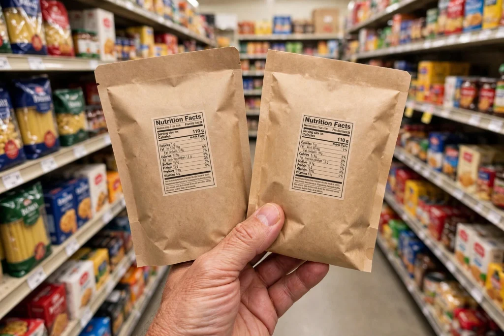 Hand comparing two food packages reading nutrition labels in a grocery aisle