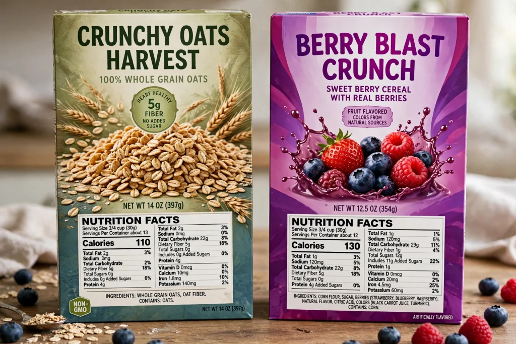 Side-by-side comparison of two cereal boxes with labels visible