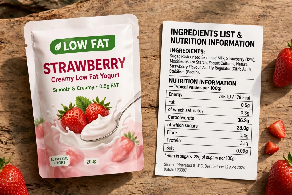 Low fat claim packaging beside an ingredients list showing high sugar
