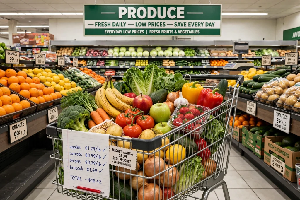 Grocery cart in a supermarket aisle stocked with affordable healthy foods