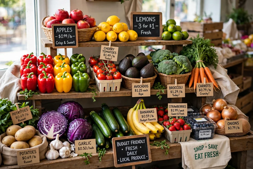 Shelves of fresh seasonal produce at a market, good for budget-friendly fruit and vegetable shopping