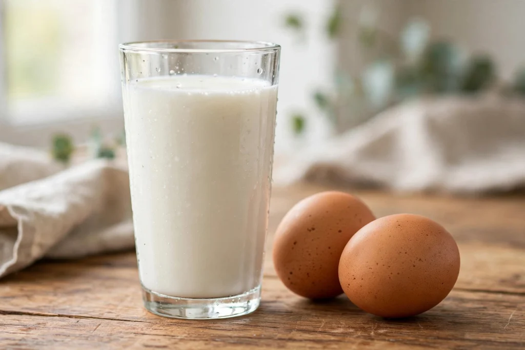 Glass of milk with raw eggs on a kitchen table