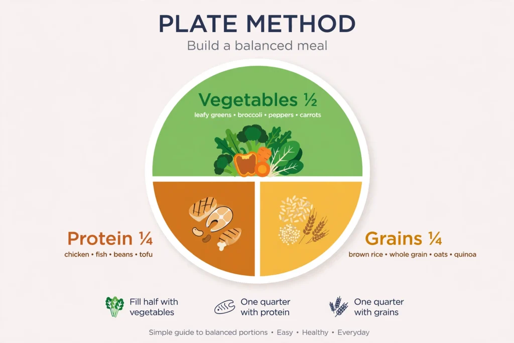 Plate method diagram: half vegetables, quarter protein, quarter grains