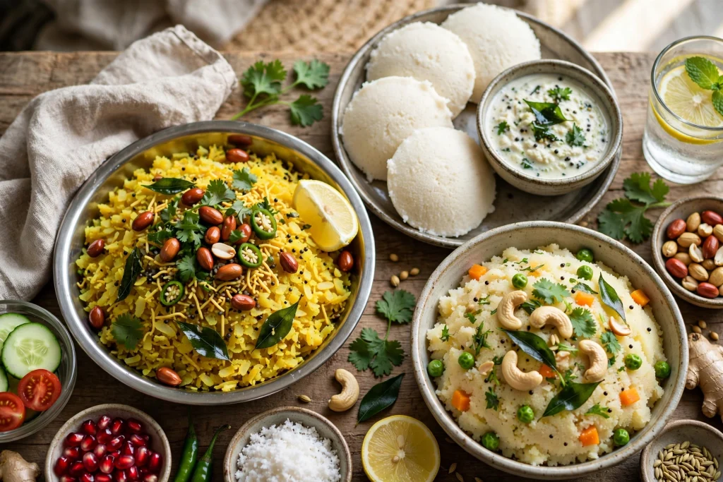 Healthy Indian breakfast spread: poha, idli, upma