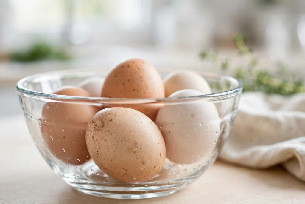 Raw eggs in a bowl on a kitchen counter
