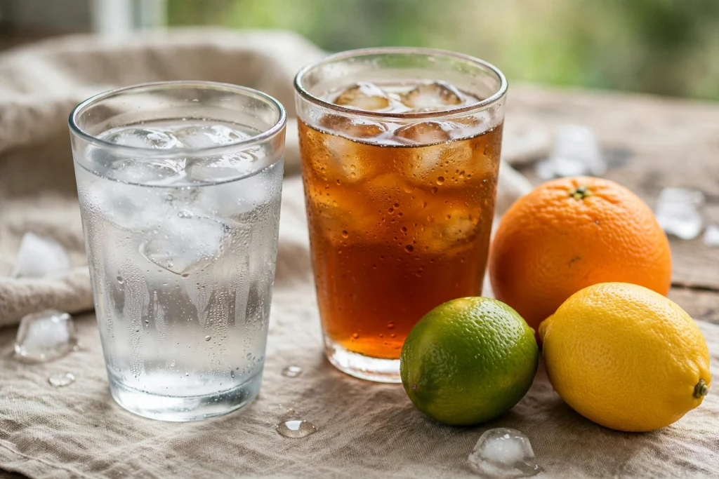 Glass of water and unsweetened iced tea with citrus fruit