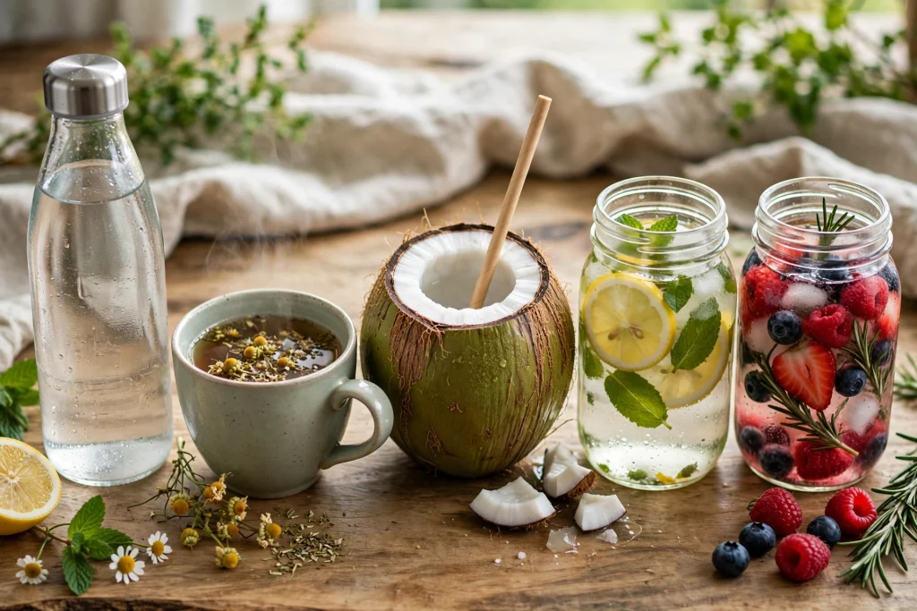 Healthy drink swaps: water bottle, herbal tea, coconut water, infused water