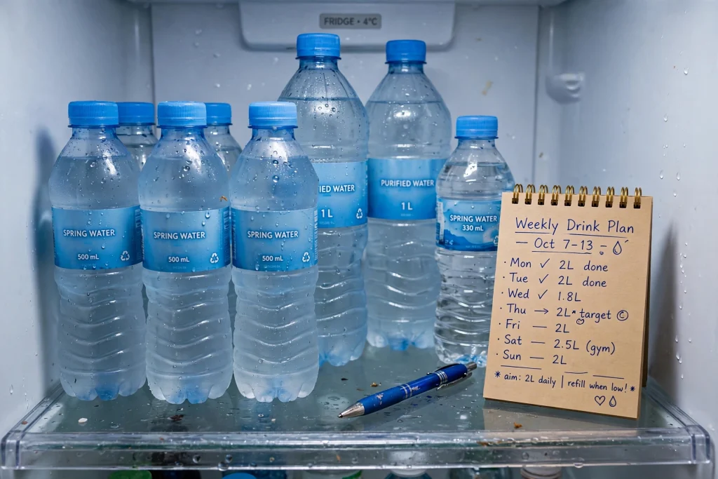 Fridge shelf stocked with water bottles and a weekly drink plan