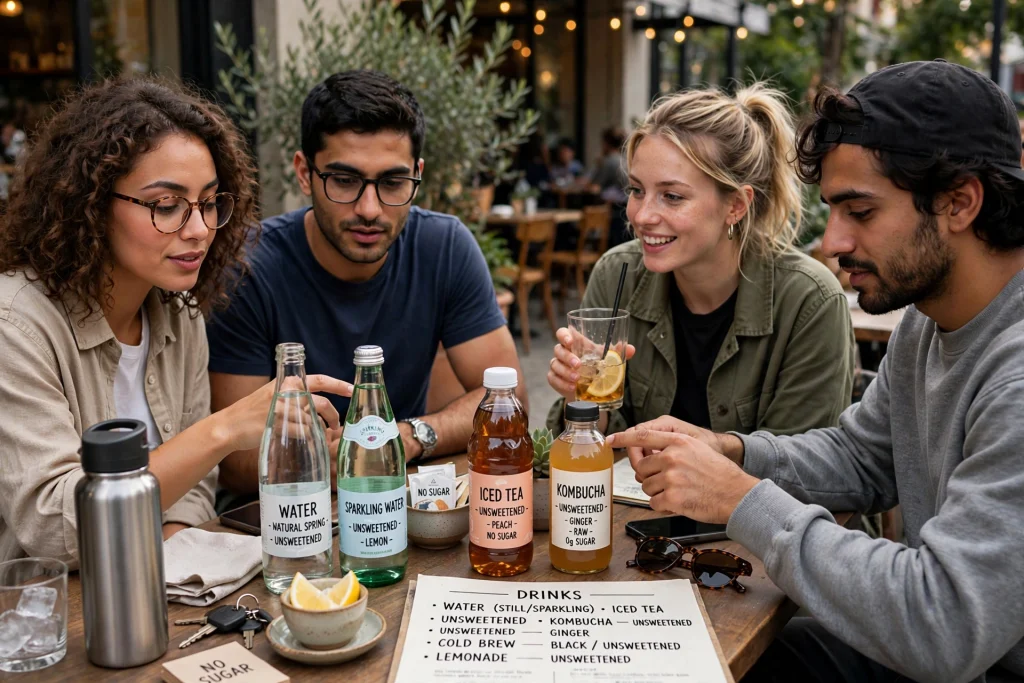 Friends at a café choosing water and unsweetened drinks