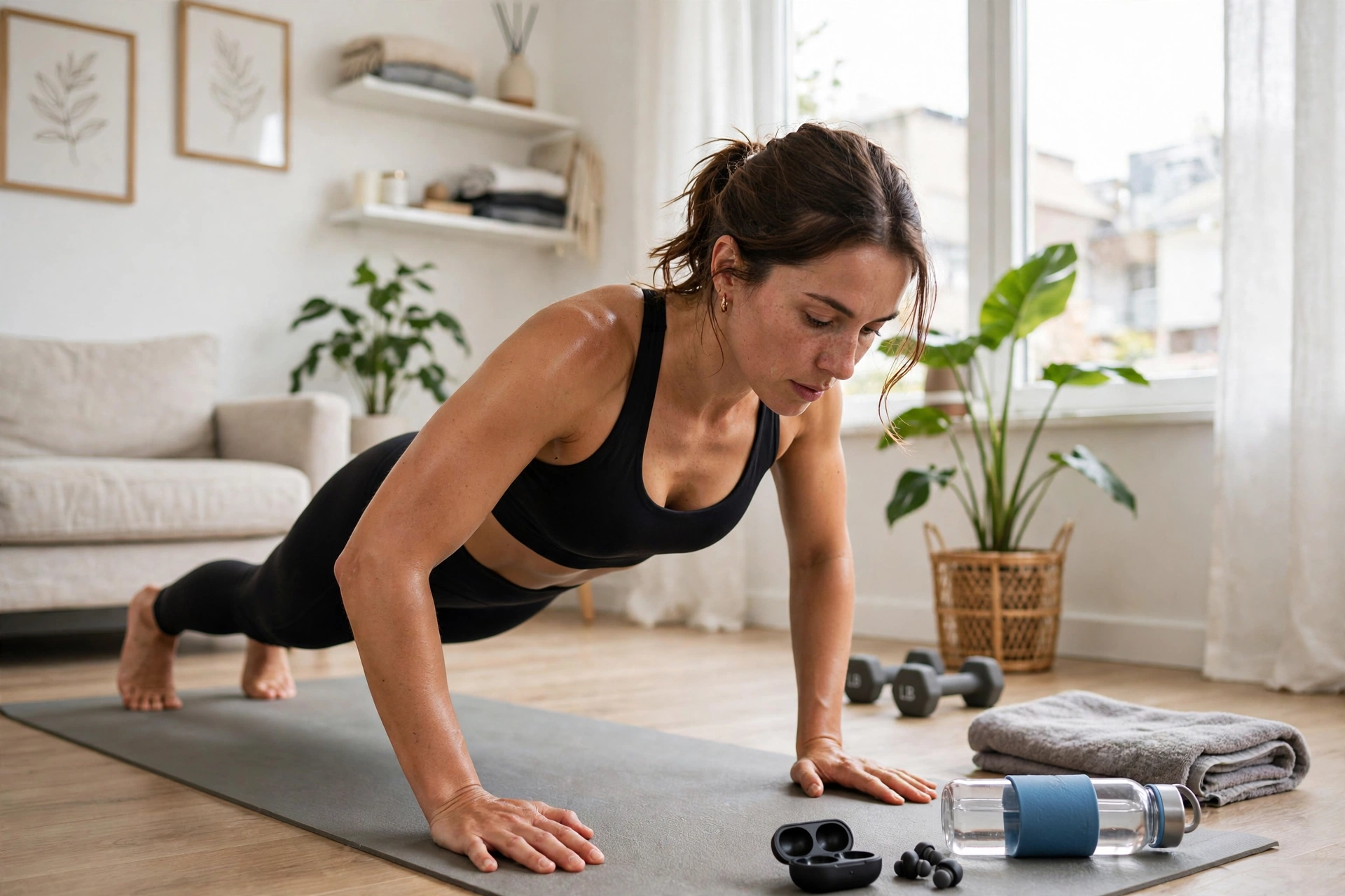 Woman doing a sit-to-stand exercise from a sturdy chair while holding dumbbells in a bright living room